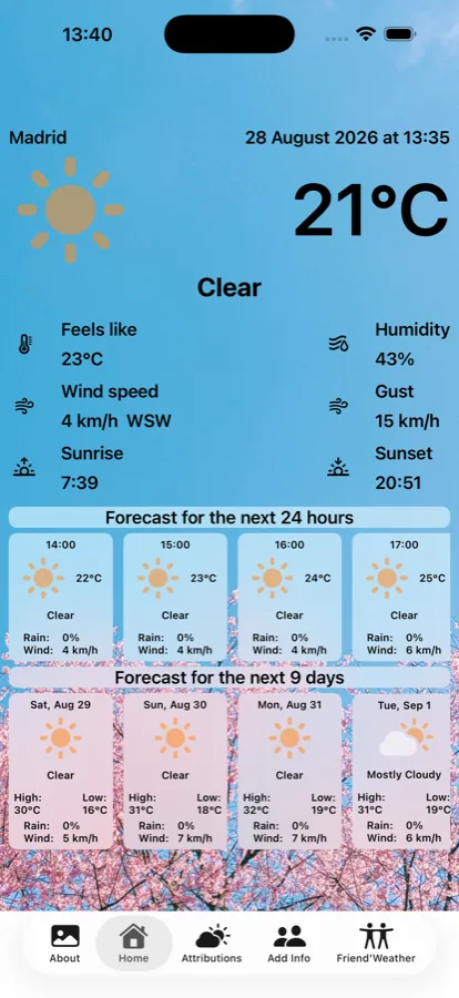 Pacheco's Home tab: a clear afternoon in Madrid, 21 °C, with the 24-hour and 9-day forecasts.
