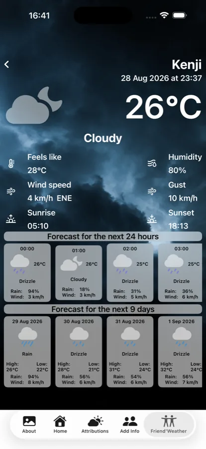 A friend's screen at night: Kenji, drizzle, 26 °C.