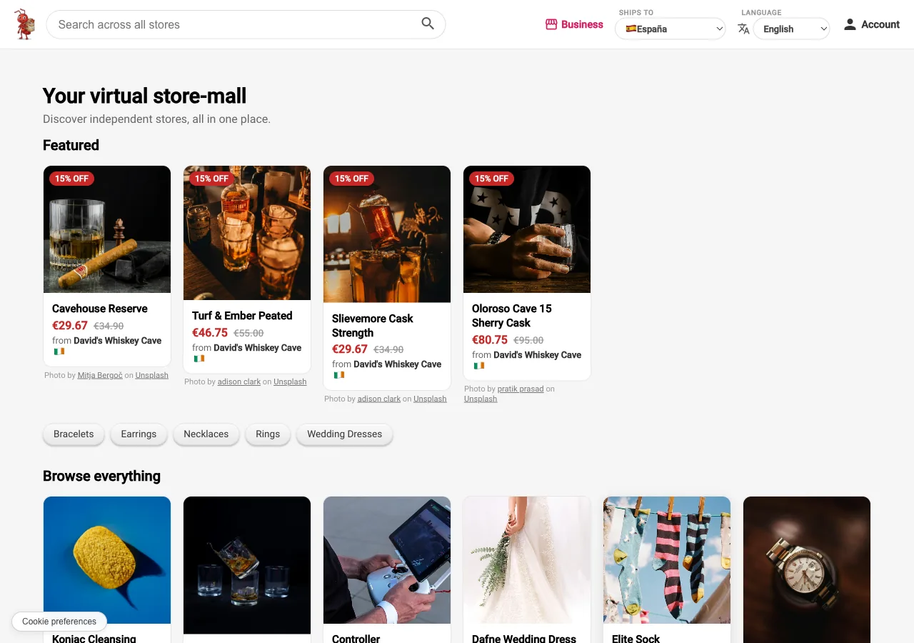 Store·Mall marketplace home page on a desktop, showing featured products from several demo stores.