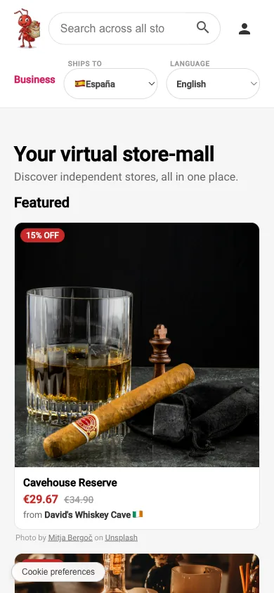 The mall's home page on a phone: featured products from several demo stores.