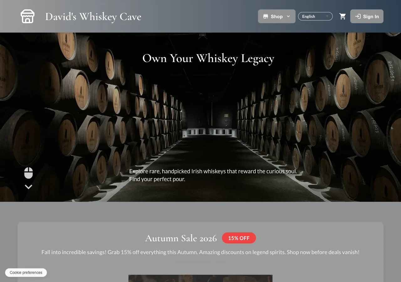 David's Whiskey Cave, one of the demo storefronts, with its own language switcher.