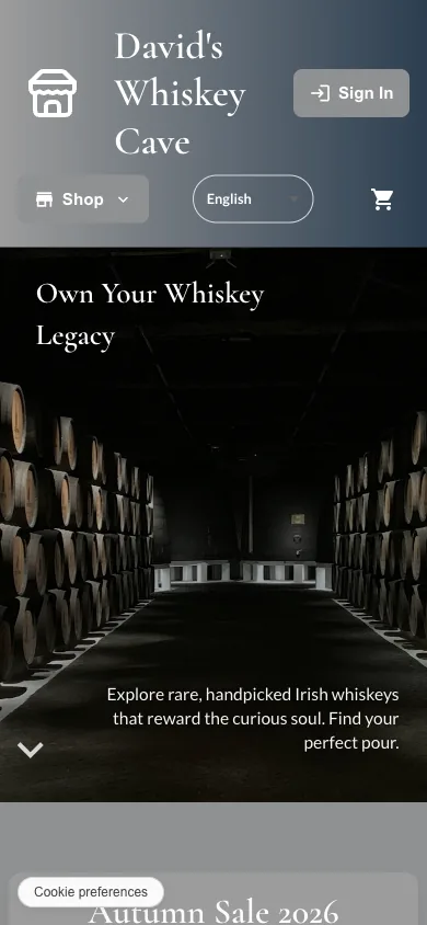 David's Whiskey Cave, one of the demo storefronts, on a phone.